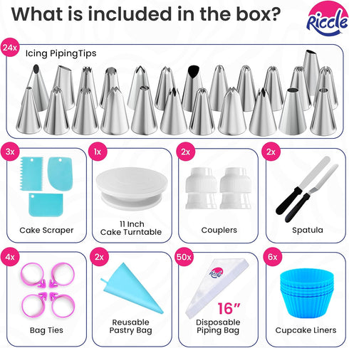 Riccle 94 pcs Cake Decorating Kit with Cake Turntable - Includes 50pcs 16 Inch Disposable + 2 Reusable Piping Bags and Tips Set, 24 Icing Piping T...