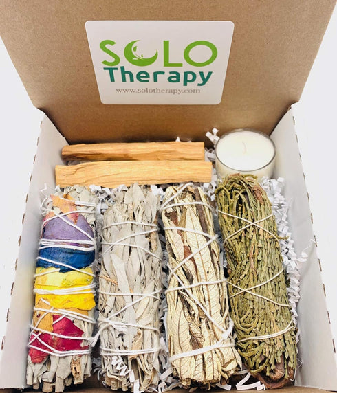 Smudge Kit Spiritual Set - White Sage, Cedar, 7 Chakra Sage, Yerba Santa, Palo Santo, Sandalwood T-Lite Candle - for Purifying, Cleansing, Meditat...