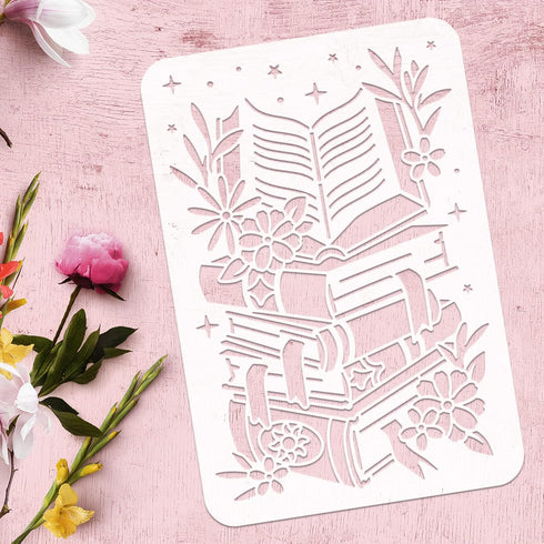 FINGERINSPIRE Book Stencil for Painting 8.3x11.7inch Piled Books Painting Template Reusable Book & Flower Pattern Painting Stencil Hollow Out Sten...
