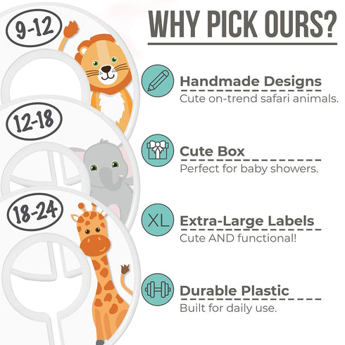 Baby Closet Size Dividers - 7X Safari Nursery Closet Dividers for Baby Clothes - Elephant Giraffe Zebra Lion Monkey Cheetah Nursery Decor - Baby C...