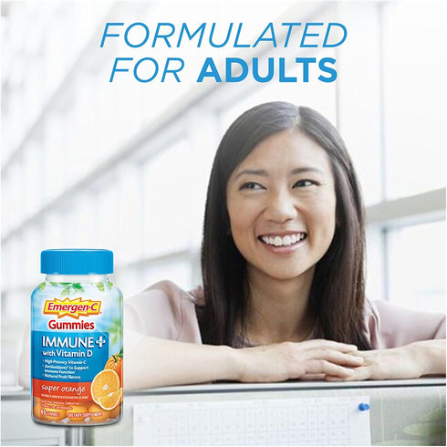 Emergen-C Immune+ Immune Gummies, Vitamin D plus 750 mg Vitamin C, Immune Support Dietary Supplement, Caffeine Free, Gluten Free, Super Orange Fla...