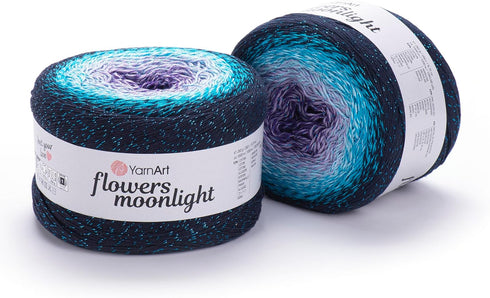 YarnArt Flowers Moonlight – Gradient Cotton Acrylic Yarn with Metallic Lurex, 9.17oz (250g), 1093 Yards – Shiny, Multicolor Cake Yarn for Crochet,...