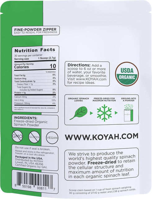 KOYAH - Organic Spinach Powder (Equivalent to 30 Cups Fresh): Freeze-Dried, Whole-Leaf Powder...