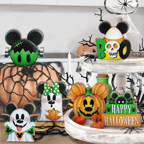 Halloween Tiered Tray Decor, Cute Cartoon Mouse Tray Decorations, Green Ghost Boo Jack O Lantern Pumpkin Wooden Signs, Funny Holiday Farmhouse Rus...