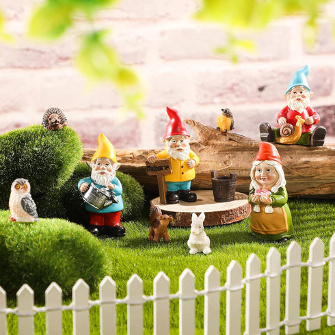 10 Pieces Mini Fairy Gnomes Statue Garden Accessories Kit Miniature Garden Resin Gnomes Hand Painted Squirrel Hedgehog Owl Bird and Bucket Ornamen...