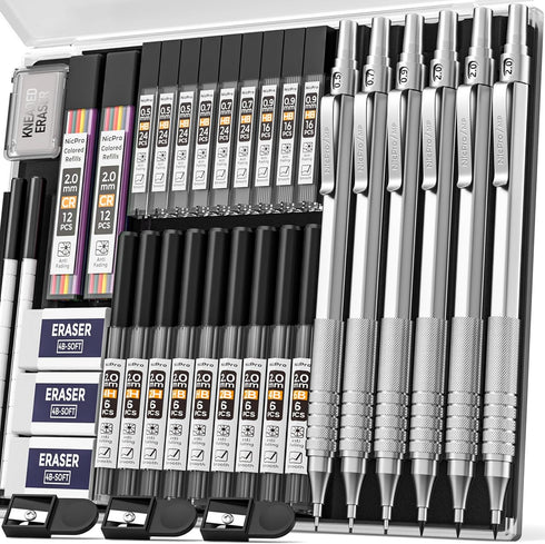 Nicpro 35PCS Metal Mechanical Pencils Set, Art Drafting Pencil 0.5, 0.7, 0.9 mm & 3PCS 2mm Graphite Lead Refills, Eraser, Sharpener, Case...