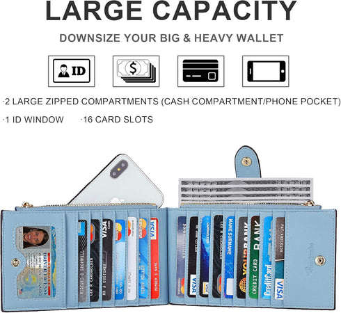 Travelambo Womens Wallet Slim RFID Blocking Bifold Credit Card Holder Wallet with 16 Card Slots, 2 Zippered Pockets...