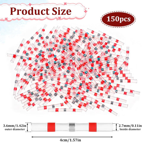 150 Pcs Solder Seal Wire Connectors, Solder Butt Connectors Heat Shrink, Red 22-18 AWG Wire Splice Connectors, for Marine Automotive Boat Wire Joi...