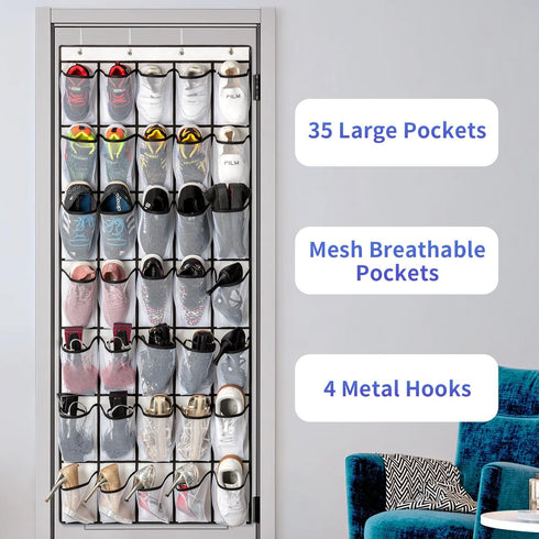 35 Pockets Over the Door Shoe Organizer, Hanging Shoe Organizer for Door with 35 Mesh Pockets Large Capacity Shoe Hanging Storage Bag with 4 Metal...