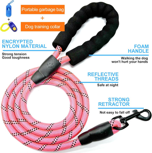 Heavy Duty Rope Dog Leash with Soft Padded Handle 5 ft Long - for Large Medium Dogs Small Puppy with A Free Poop Bags Dispenser and A Free Dog Tra...