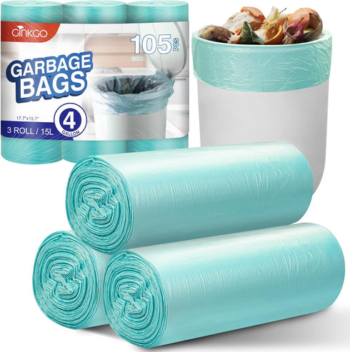 105 Count Small Garbage Bags, 4 Gallon Trash Bag for Bathroom, Mini Trash Bags, Clear Waste Basket Bin Liners, Unscented, Blue...