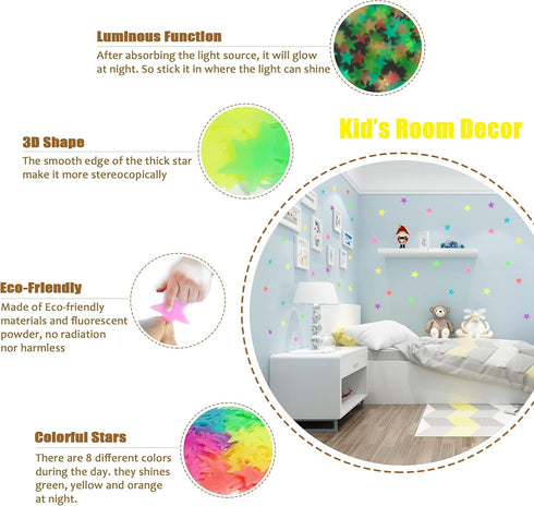 Glow in The Dark Stars and Moon Stickers for Ceiling - 200pcs 3D Luminous Adhesive Stars Create Realistic Starry Sky - Room Decor for Kids Bedroom...