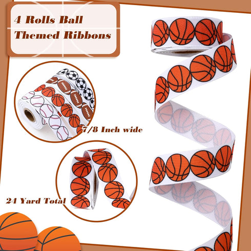 MTLEE 4 Rolls Basketball Football Baseball Sport Ribbon Brown White Wired Edge Ribbon Grosgrain Ribbon Polyester Burlap Ribbon for Party Wrapping ...