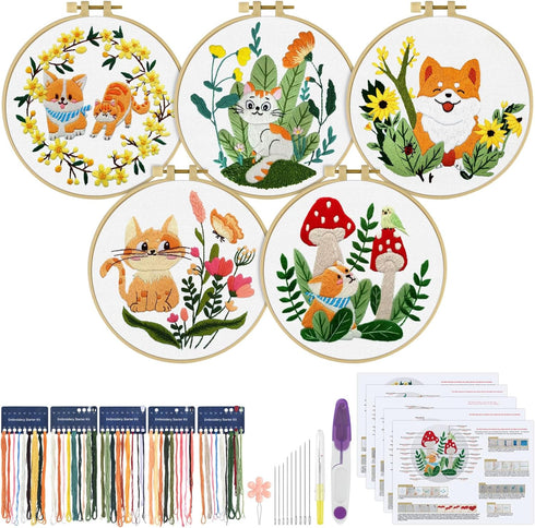 ERKOON 5 Set Embroidery Kit for Beginners, Cats and Dogs Embroidery Sarter kit, Animal Embroidery set for Adult Kids, DIY Cross Stitch Kits with P...