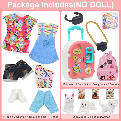 UNICORN ELEMENT 16 Pcs Doll Clothes and Accessories for 11.5 Inch Girl Dolls, Fashion Travel Suitcase Set Including Blue Jean Skirts, Bags, Food M...