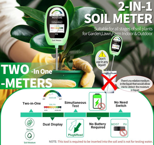2-in-1 Soil Test Kit, Soil Moisture Meter, Soil pH Meter -Dual Dial-Simultaneously-Display Results-Soil pH Tester, Moisture Meter for House Plants...