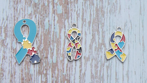 sowaka 16 Pcs Autism Awareness Charms with Hole Enamel Puzzle Heart Cross Circle Ribbon Shape Pendants for Jewelry Making Kits Necklace Bracelet E...
