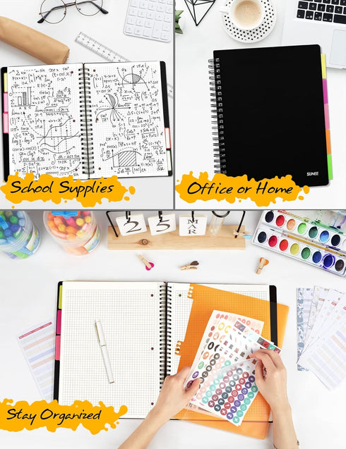 SUNEE Graph Paper Notebook - 300 Pages, 5 Subject, 8.2"x10.8", 5 x 5mm Grid, 5 Pocket Colored Dividers, 3-Hole Punched Quad Paper for Math, Engine...