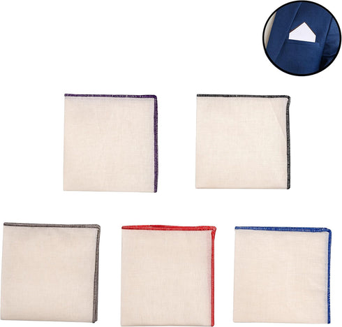 Men's Linen Pocket Square Solid White with Embroidered Edge Premium Cotton Pocket Squares (Violet, Black, Umber, Red, Navy blue)...
