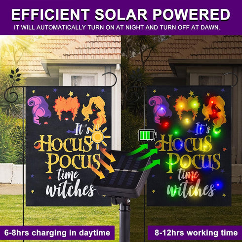 Solar Lighted Halloween Garden Flag It's Hocus Pocus Time Witches Flags for Garden Patio Lawn Outside Halloween Decorations Garden Decor (Hocus Po...