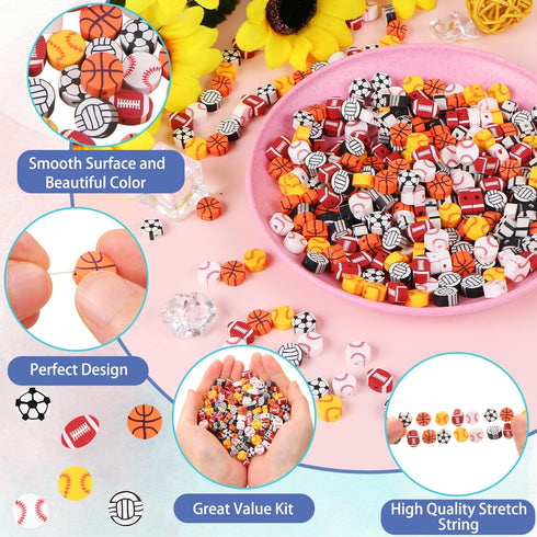 300 Pcs Sports Ball Beads for Jewelry Making, Sports Polymer Clay Beads Bulk, Baseball Basketball Soccer Volleyball Softball Football Beads Charms...
