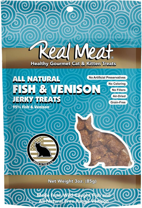 Real Meat, Air-Dried Jerky Treats, Free-Range, All-Natural Fish & Venison Cat Treats 3oz...
