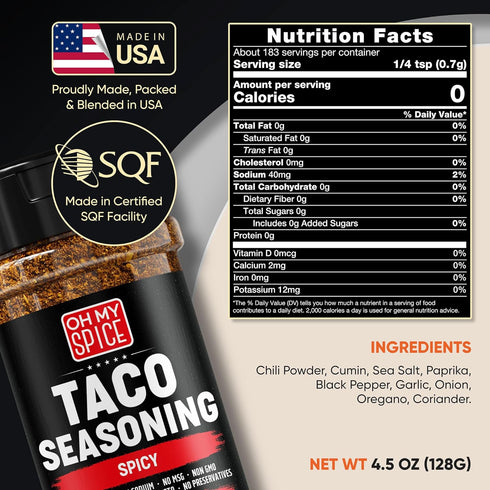 Taco Seasoning Mix Spicy Chili Powder - Gluten Free & Low Sodium Mexican Seasoning Blend for Taco Tuesday Night. Fajita & Burrito Spicy Seasonings...