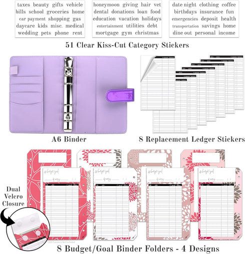 Budget Binder Kit | 8 Premium Cardstock Binder Envelopes w/Clear Window & Velcro-Seal, Backside Ledger, 51 Category Stickers, & 8 Ledger Replaceme...