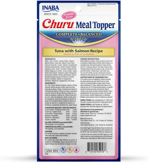 INABA Churu Meal Topper for Cats, Complete & Balanced, Creamy, Lickable Purée Cat Food Topper, 0.5 Ounce Tube, 24 Tubes (4 per Pack), Tuna with Sa...