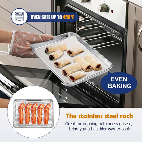 Joyfair Toaster Oven Baking Pan with Rack, 9”x 7” Stainless Steel Small Baking Tray and Cooling Rack Set, Great for Cookies/Bacon/Steaks, Non Stic...