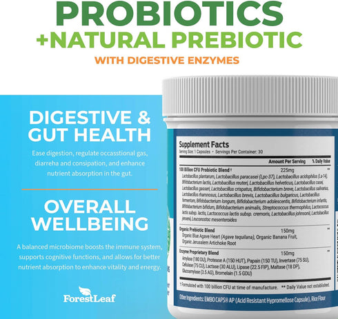 ForestLeaf Clinically Studied Probiotics 100 Billion CFU, 26 Strains with Organic Prebiotic Blend & Digestive Enzymes - Probiotic Prebiotic for Me...