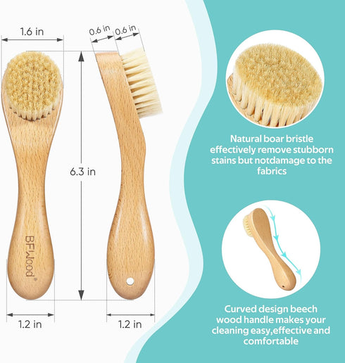 BFWood Laundry Stain Brush, Natural Soft Boar Bristle for Scrubbing Out Tough Stains on Delicate Fabrics, Knits, Cotton, Linens, No Damage...