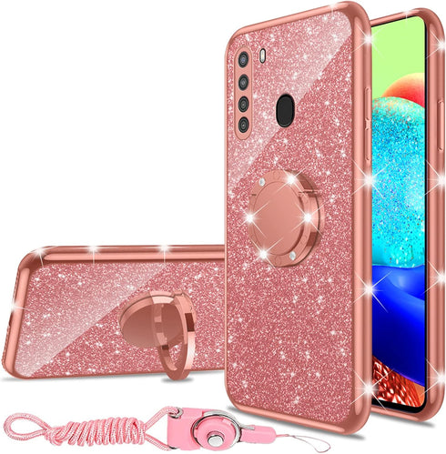 for Samsung Galaxy A21 Case for Women, Girls Glitter Luxury Sparkles Cute TPU Silicone Slim Phone Case with Bling Diamond Rhinestone Bumper Ring S...