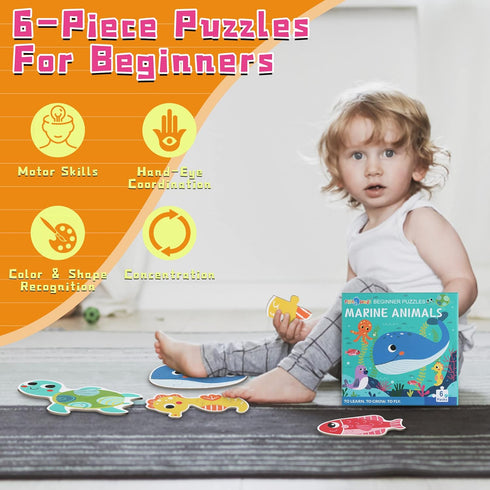 FLYINGSEEDS 6 Packs Marine Animals Shaped Wooden Jigsaw Puzzles, Beginner Puzzles for Toddlers, Montessori Learning Toys Preschool Educational Act...