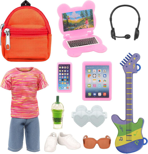 11 PCS Doll Travel Playset for Boy Doll 1 Outfit 1 Backpack 1 Guitar 1 Laptop 1 Cellphone 1 Pad 1 Sunglasses 1 Headset 3 Accessories for 12 Inch B...
