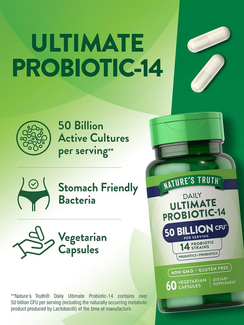 Nature's Truth Probiotic 50 Billion CFU | 200mg Prebiotics | 60 Capsules | Vegetarian, Non GMO & Gluten Free Supplement for Men and Women | Suppor...