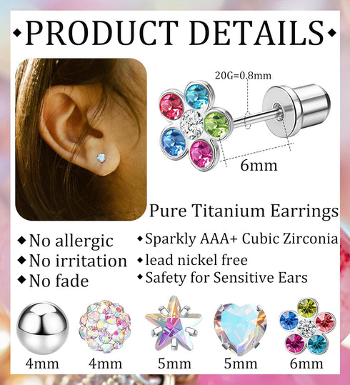 MJust 5 Pairs Titanium Screw Back Earrings for Women Hypoallergenic ScrewBack Earrings for Sensitive Ears Pearl Heart Star Flower CZ 20G Pure Tita...