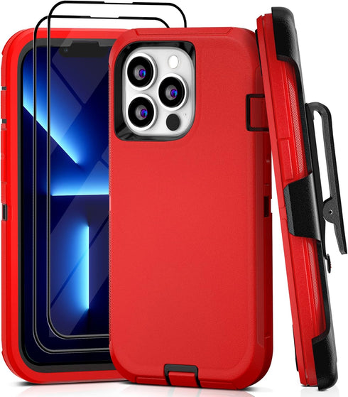 iPhone 13 Pro Max Case with Belt Clip and 2 Pack Screen Protector - Military Grade Rugged Full Body Phone Case (Red+Black)......