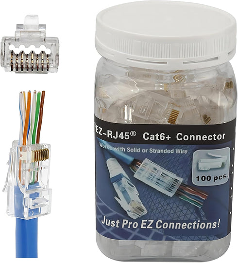 PETECHTOOL 100-Pack RJ45 CAT6A CAT6 Pass Through Connectors 23AWG Cables-End Bold UTP Ethernet 8P8C Gold Plated Modular Plug for Unshielded Twiste...
