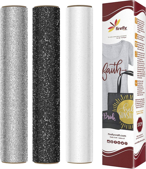 Firefly Craft Glitter Heat Transfer Vinyl Bundle (White, Black, Silver) — HTV Vinyl for Plotter Printer and Die-Cut Machine — Iron On or Heat Pres...