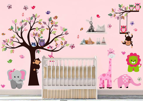 DEKOSH Pink Jungle Baby Nursery Wall Decal Peel & Stick Colorful Owl Giraffe Lion Animal Wall Stickers for Kids Room...