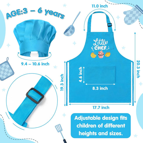 R HORSE 2 Pcs Kid Apron and Chef Hat Set, Adjustable Children Blue Kitchen Apron Cooking Baking Painting and Training Kits Dress up Role Play Chef...
