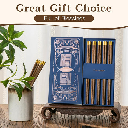 Chopsticks Reusable, Wooden Lucky Chopsticks Non-Slip, Chop Sticks Dishwasher Safe, Chinese Round Cooking Chopsticks for Sushi, Pasta, Asian Cuisi...