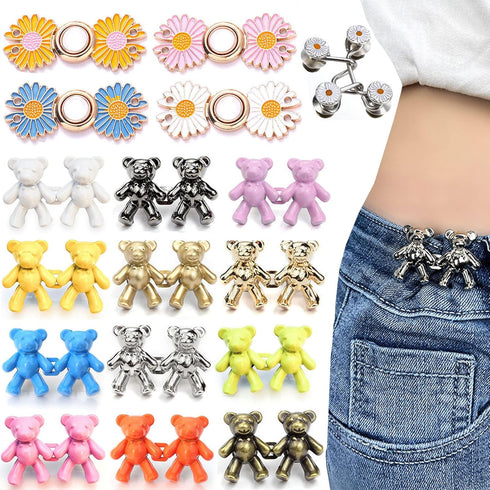 Bear Jean Buttons Pins, 17 Pair Adjustable Flower Bear Jean Button Pin Pant Waist Tightener Jean Tightener Bear Jeans Buttons Waist Tightener Clip...