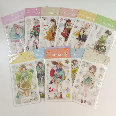 Cute Washi Scrapbook Stickers72 Sheets Kawaii 12 Monthly Japanese Style Girl Sticker Decals bulk Pack for Bullet Journaling,Scrapbooking,Kid DIY A...