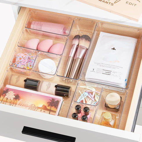 Vtopmart 25 PCS Clear Plastic Drawer Organizers Set, 4-Size Versatile Bathroom and Vanity Drawer Organizer Trays, Storage Bins for Makeup, Bedroom...