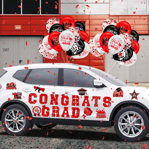 45pcs 2024 Graduation Car Magnets Balloons Decorations Red and Black Grad 2024 Graduation Fridge Magnets Car Garage Door Magnetic Stickers Class o...