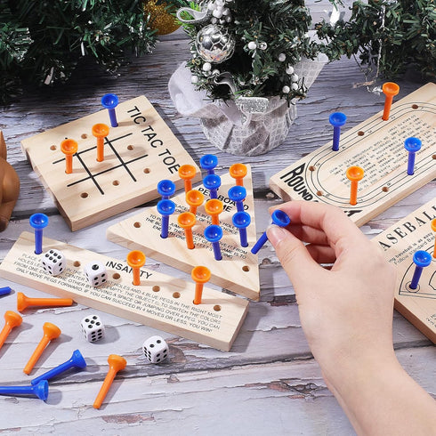 SUPERFINDINGS Wooden Peg Games Assortment Kit Wooden Board Game Set Including 5 Style Wooden Game Board and Plastic Pieces and Dice Puzzle Brain G...