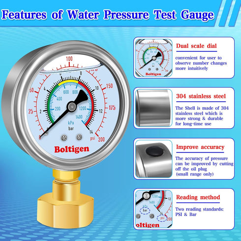 Water Pressure Gauge, 0-200 Psi Pressure Gauge Filled with Oil, 3/4" GHT Female Thread Water Pressure Test Gauge with 3 Adapters,for Home, industr...