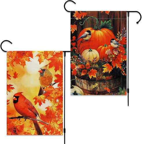 2 Pack Fall Thanksgiving Pumpkin Garden Flag Halloween 12 x 18 Inch Double Sided Vertical Burlap Cardinals Bird Fall Garden Flag for Seasonal Holi...